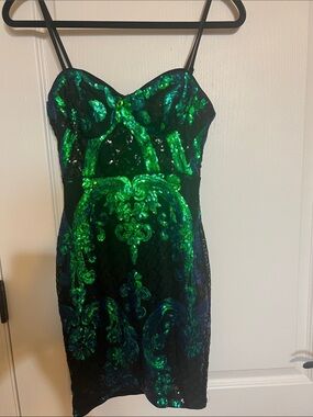 Lulu's Black Mini Dress with Emerald Sequin Baroque Accents